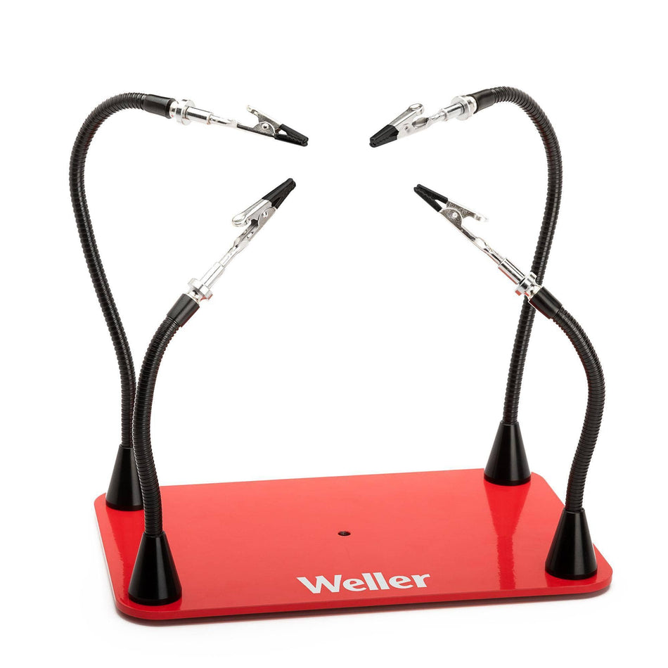 Weller helping hands tool with red base and four flexible arms with clips for holding components during soldering.