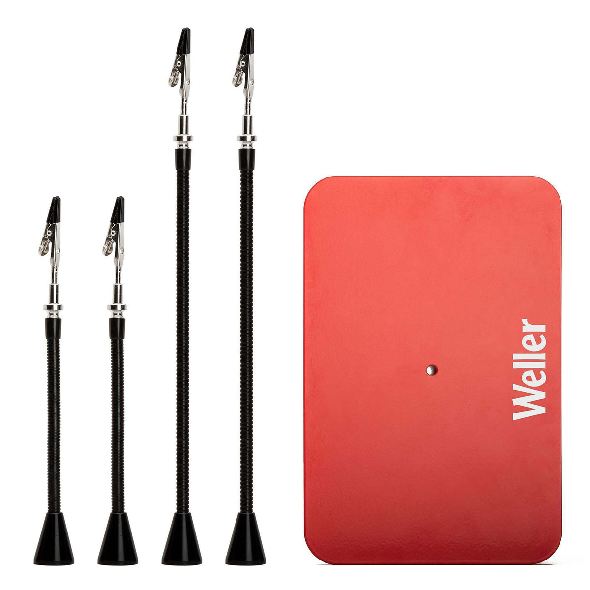 Weller helping hands tool with red base and four flexible arms with alligator clips for electronics work.