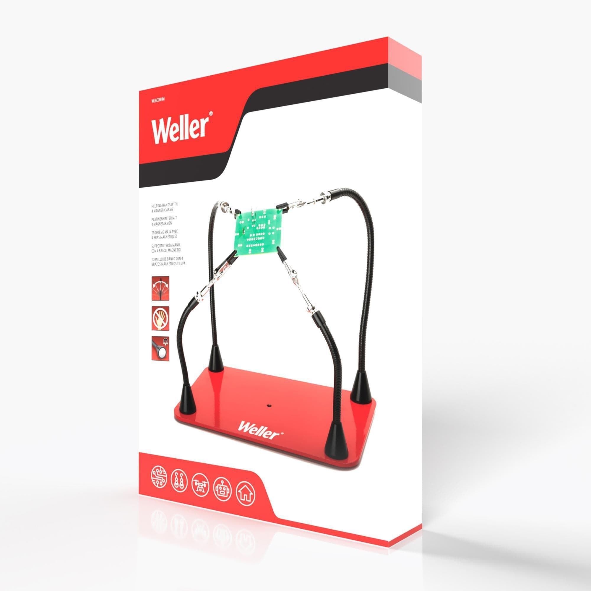 Retail packaging of Weller helping hands tool with red base and four magnetic arms holding a green circuit board.