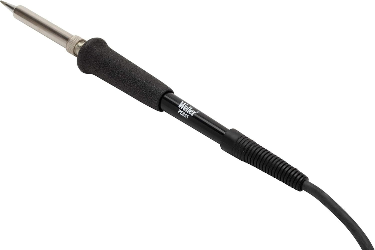 Image of a Weller PE81 soldering pencil featuring a pointed tip, black foam grip, and power cord. Though similar in design to the PES51, this model is distinct and used for precision soldering in electronics assembly and repair.