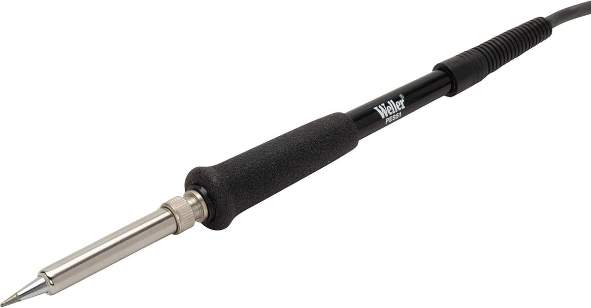 Side view of the Weller PES51 soldering pencil with a pointed metal tip, black ergonomic handle, and attached power cord. The branding “Weller” and model number “PES51” are visible, indicating compatibility with the WES51 station.