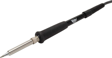 Side view of the Weller PES51 soldering pencil with a pointed metal tip, black ergonomic handle, and attached power cord. The branding “Weller” and model number “PES51” are visible, indicating compatibility with the WES51 station.