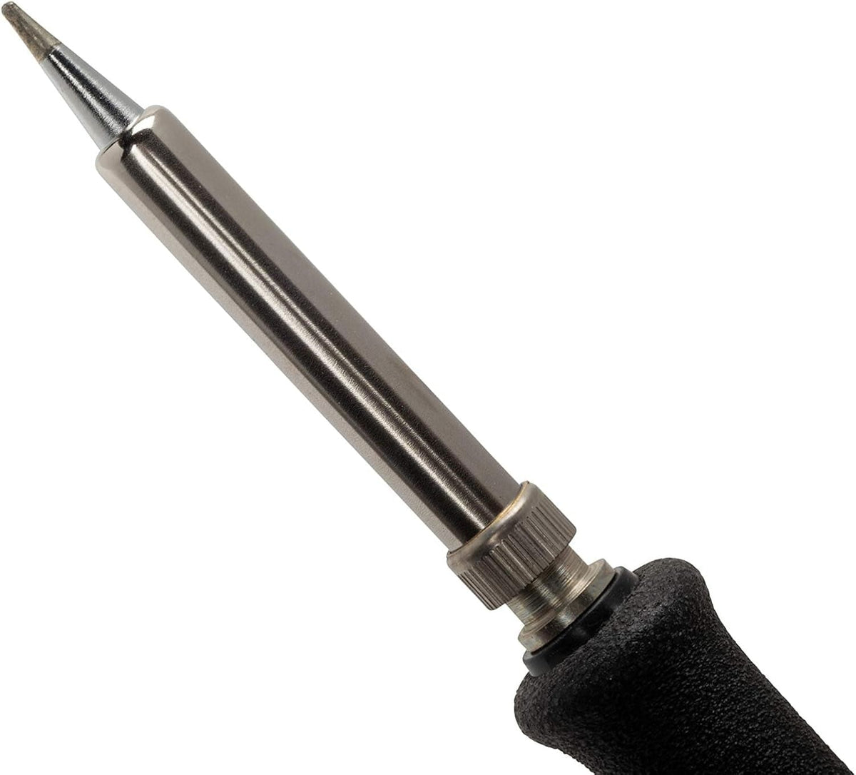 Tip view of the Weller PES51 soldering pencil showing the pointed metal tip and cylindrical shaft. A knurled ring near the base allows for tip adjustment. Designed for precision soldering in electronics and PCB work.