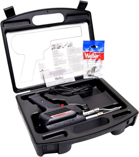 A studio shot of the Weller D550PK Professional dual-heat soldering gun kit organized in a heavy-duty black carrying case, including the 260W/200W soldering gun, a coil of lead-free solder, a flux brush, and an accessory kit with multiple soldering tips.