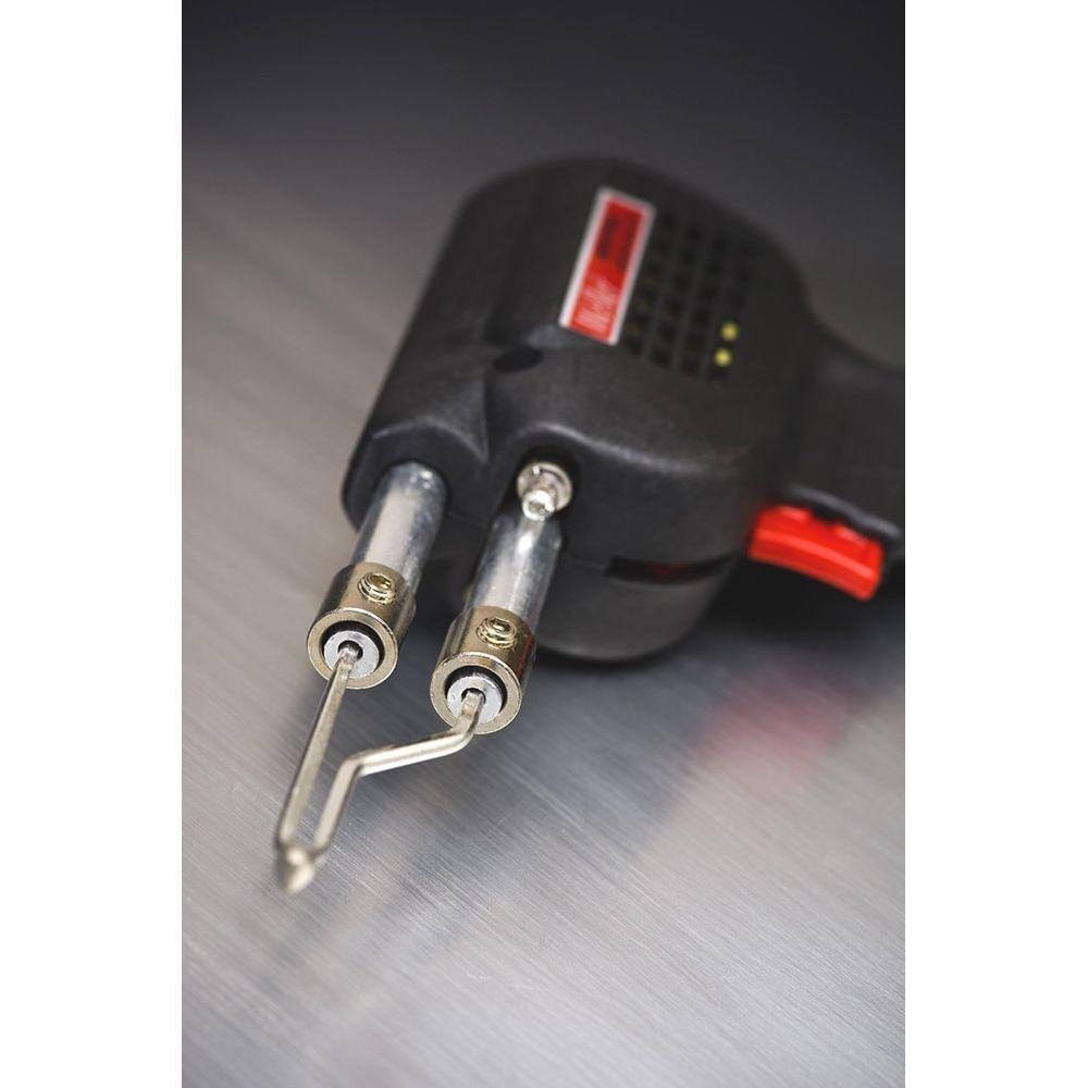 A close-up view of the Weller dual-heat soldering gun's tip assembly, highlighting the secure mounting hardware and the strategic placement of the twin LED lights for shadow-free soldering.