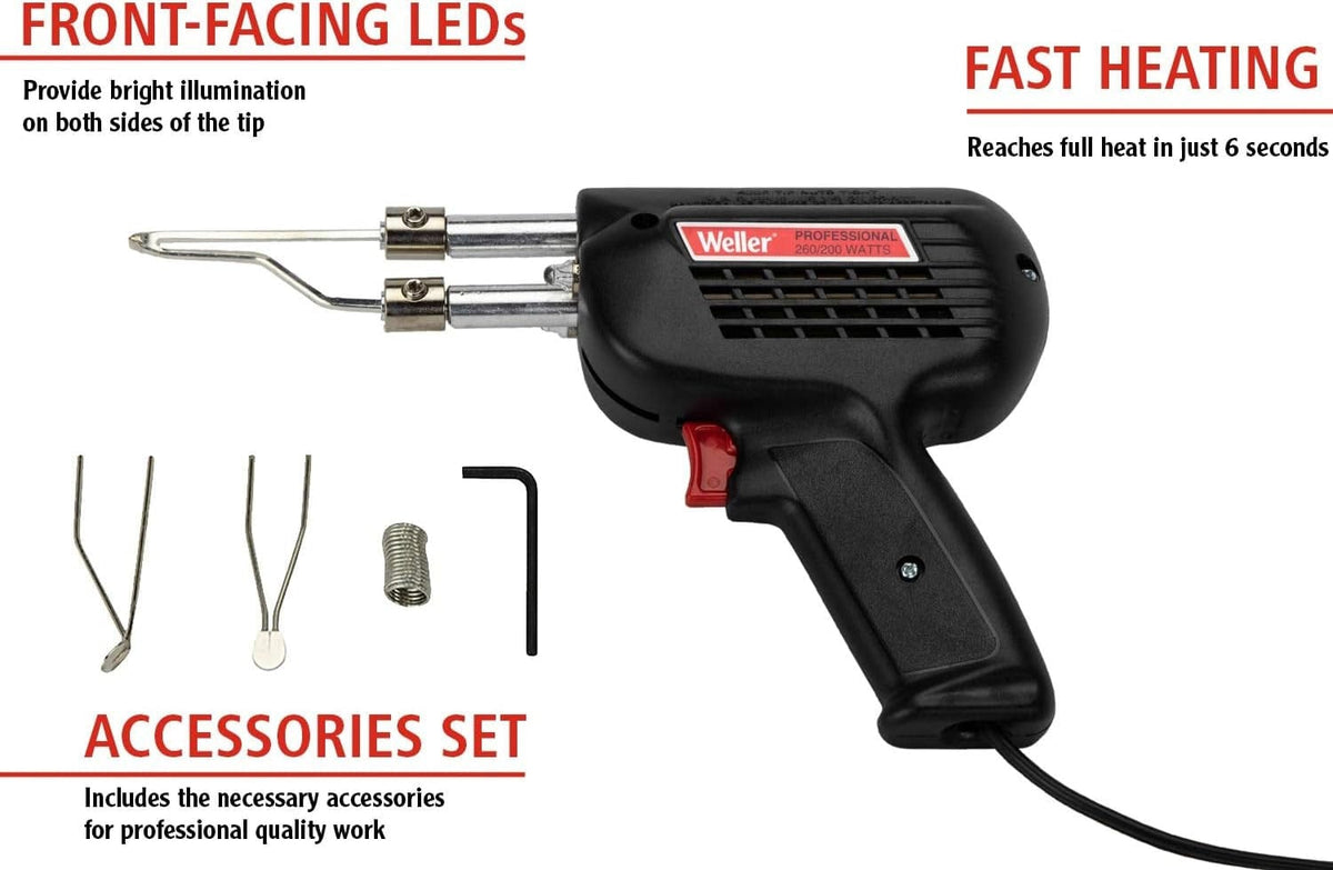 An informative product graphic for the Weller D550 professional soldering gun highlighting the front-facing LEDs for bright illumination, fast heating that reaches full temperature in 6 seconds, and the included accessory set for high-quality soldering work.