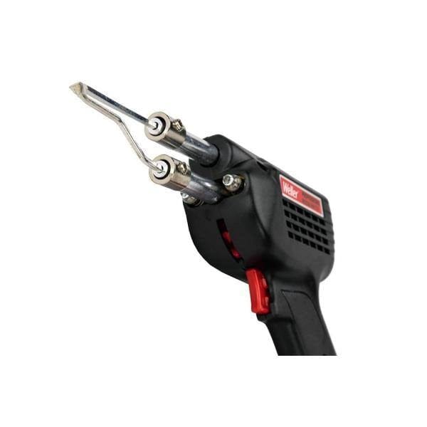 A perspective view of the Weller soldering gun focusing on the heavy-duty copper soldering tip and the dual front-facing LED lights designed to provide superior visibility of the solder joint in dark workspaces.