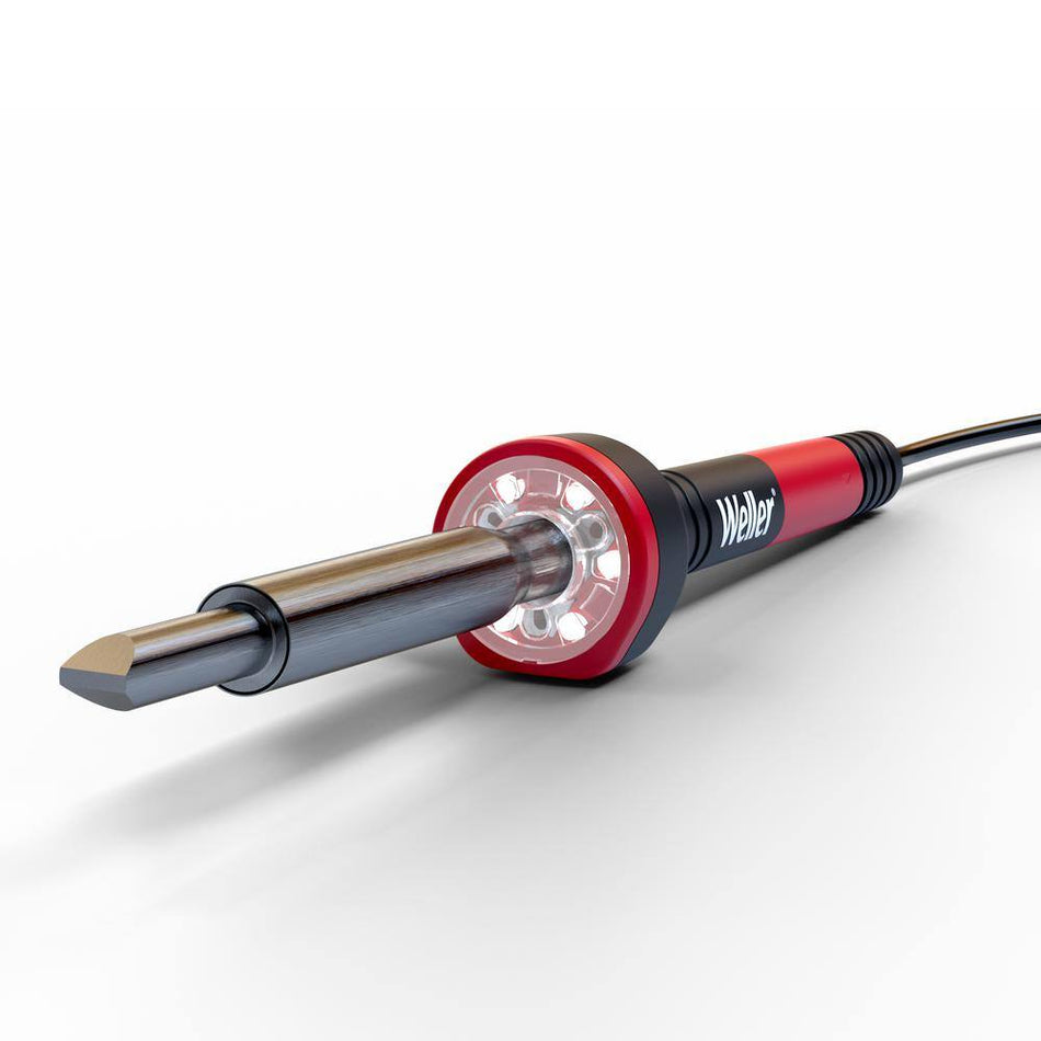 Perspective view of the Weller 60W soldering iron highlighting the patented 360-degree LED Halo Ring illumination.