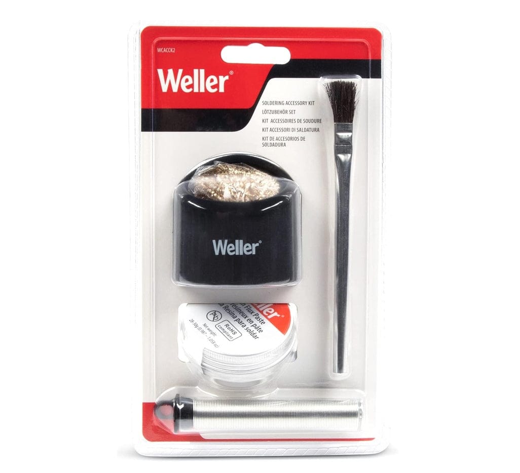 The front-facing retail blister pack for the Weller WCACCK2 soldering accessory kit, highlighting the comprehensive set of tools and materials for electronics maintenance and drone repair.