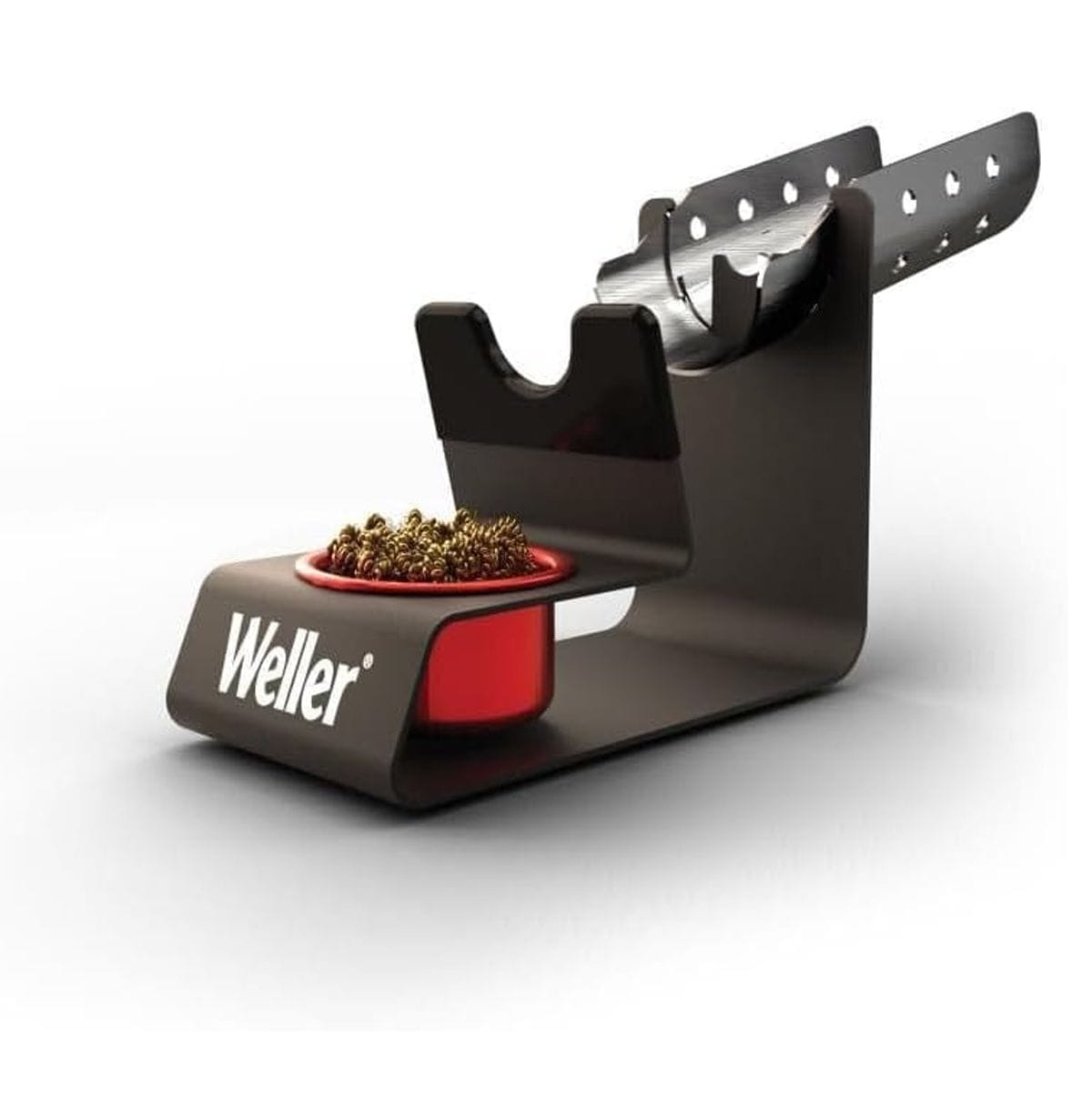 A perspective studio shot of the Weller WLACCH1 heavy-duty metal soldering iron holder featuring an integrated brass dry tip cleaner and a professional black powder-coated finish.