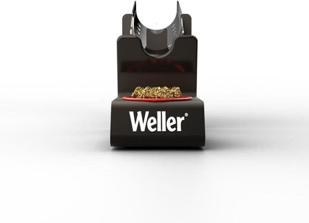 A front-facing view of the Weller WLACCH1 soldering iron stand emphasizing the high-visibility Weller branding and the accessible brass dry tip cleaner for efficient workstation maintenance.