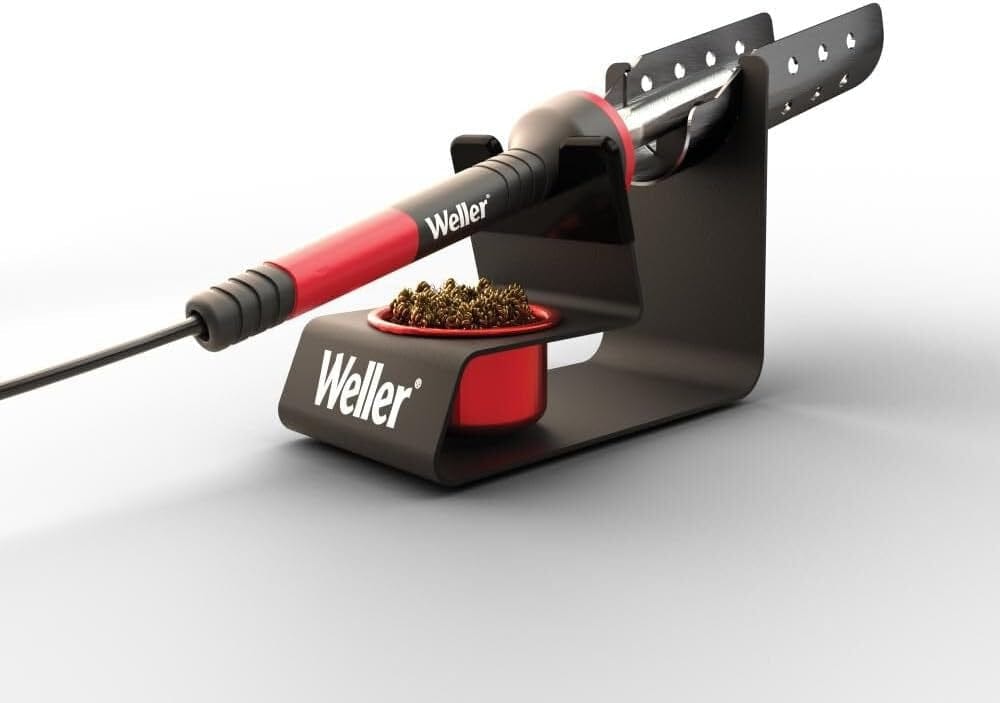 A perspective view of the Weller professional soldering iron stand securely holding a red and black soldering iron, illustrating the stable design and heat-resistant support.