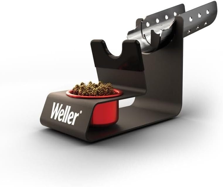 A perspective shot of the complete Weller WLACCH1 heavy-duty soldering iron holder assembly, showcasing the industrial metal construction and integrated cleaning station.