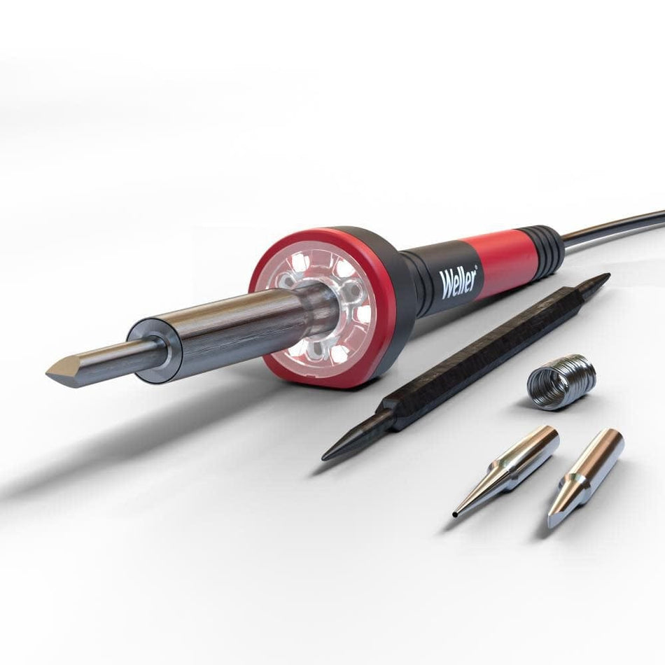 A studio product display of the Weller WLIRK6012A 60W soldering iron kit featuring the integrated 360-degree LED Halo Ring, three interchangeable tips including conical, chisel, and screwdriver styles, and a protective metal tip cleaner.