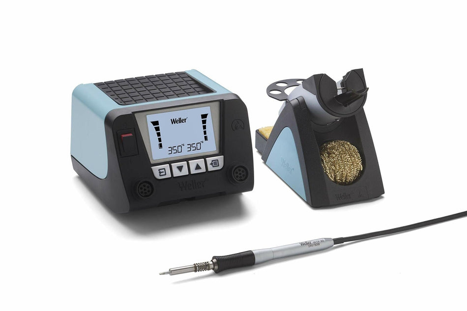 Complete Weller WT2010M soldering station setup with control unit, WTP90 soldering iron, and stand. Digital display shows dual 350° temperature settings. Stand includes brass sponge for tip cleaning. Ideal for precision electronics soldering.