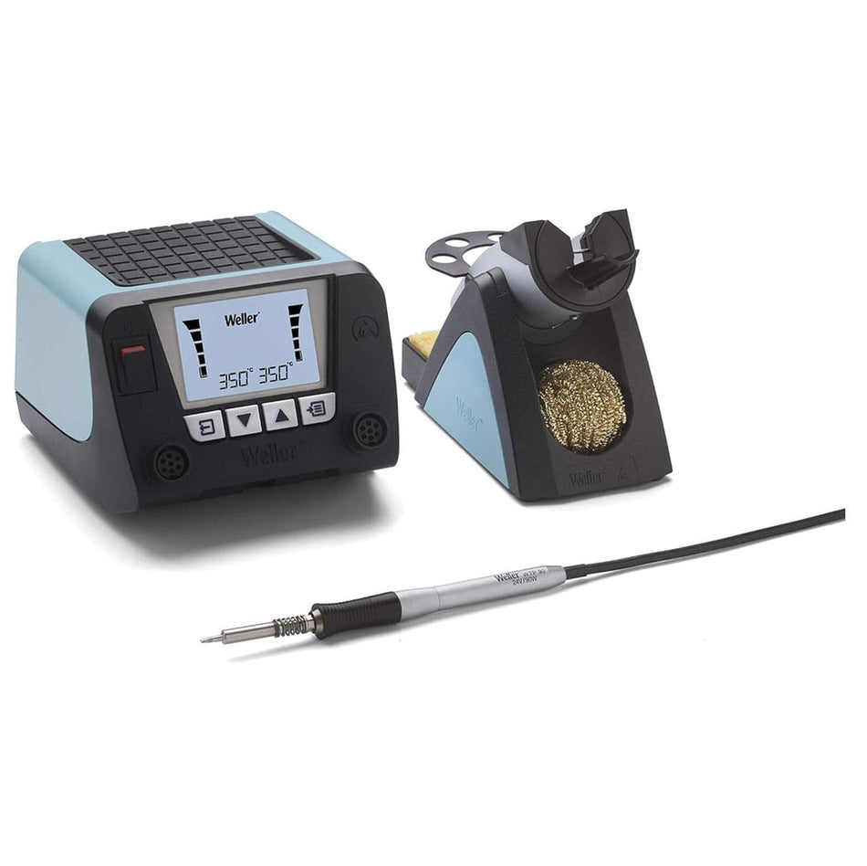 Complete Weller WT2010M soldering station setup with control unit, WTP90 soldering iron, and stand. Digital display shows dual 350° temperature settings. Stand includes brass sponge for tip cleaning. Ideal for precision electronics soldering.