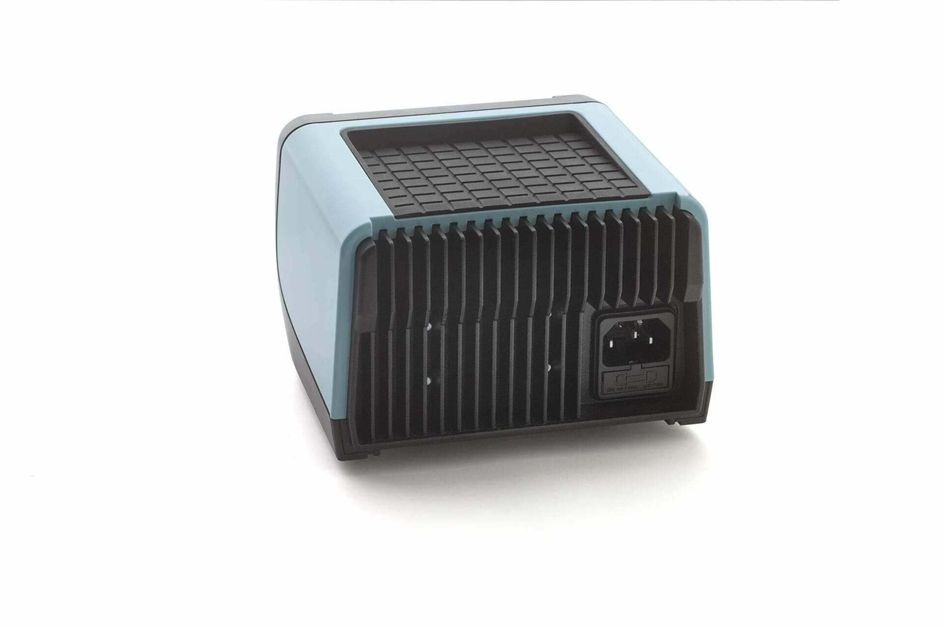 Compact electronic device with light blue and black casing, vented front grille, and power input socket. Likely a power supply or soldering station component. Top surface features grid-like pattern for ventilation.