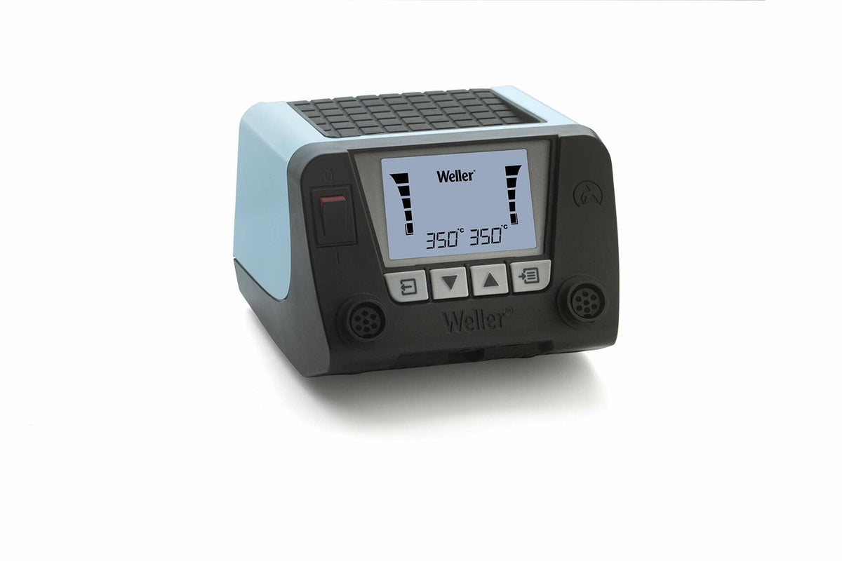 Front view of Weller digital soldering station showing LCD screen with dual temperature readouts set to 350°. Includes control buttons and two tool ports. Light blue and black casing indicates WT line design.