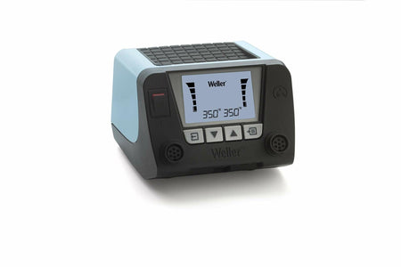 Front view of Weller digital soldering station showing LCD screen with dual temperature readouts set to 350°. Includes control buttons and two tool ports. Light blue and black casing indicates WT line design.