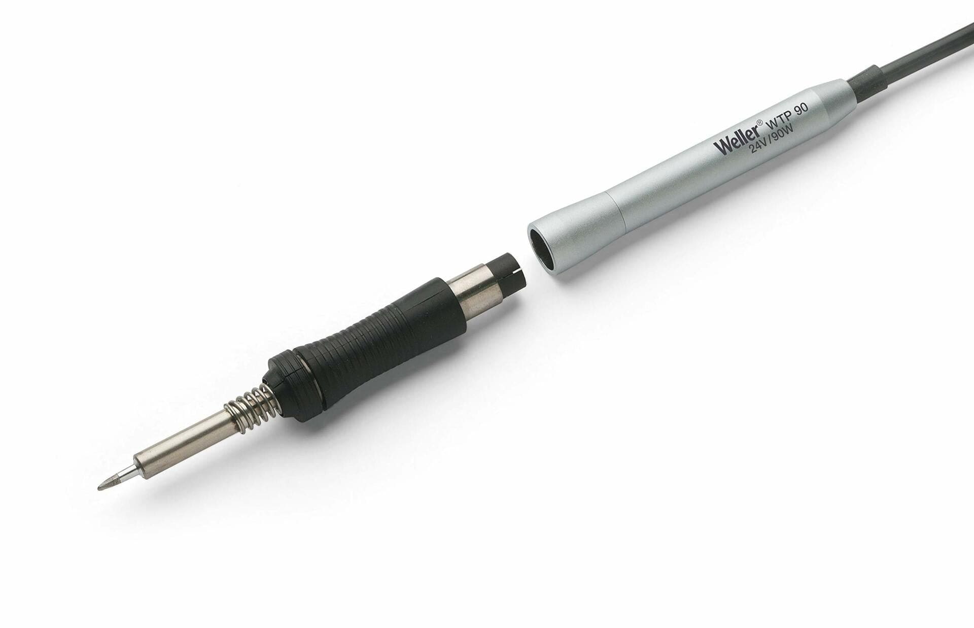 Two-part view of a disassembled Weller WTP90 soldering iron. Left side shows the heating element with metallic tip and spring; right side shows the handle labeled “Weller WTP 90” and “Made in Germany.” Useful for understanding tool internals.