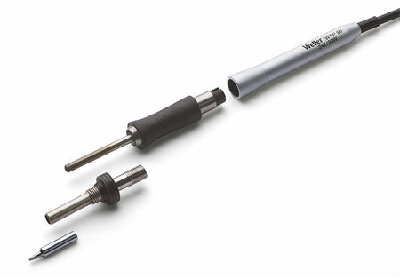 Disassembled Weller WTP90 soldering iron showing individual components: tip, heating element, grip section, and main handle with power cord. Each part is aligned to illustrate assembly and internal structure for maintenance or replacement.