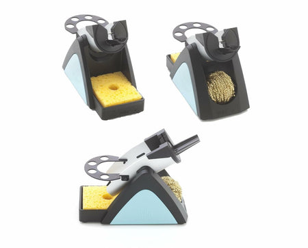 Three angled views of a Weller soldering tip cleaning station featuring a triangular base with light blue sides and a black top. The station includes a sponge and brass wire for cleaning soldering iron tips, with multiple holes for tool placement.