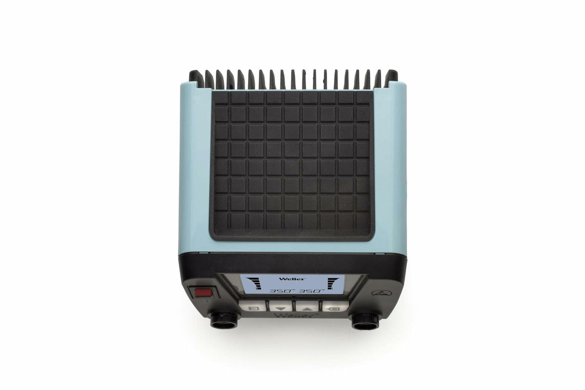 Top-down view of the Weller WT2021MS soldering station showing a digital display with temperature settings reading “SET 250°C” and “ACT 250°C.” The front panel includes control buttons and tool ports, with a black grid-patterned surface for heat dissipation.