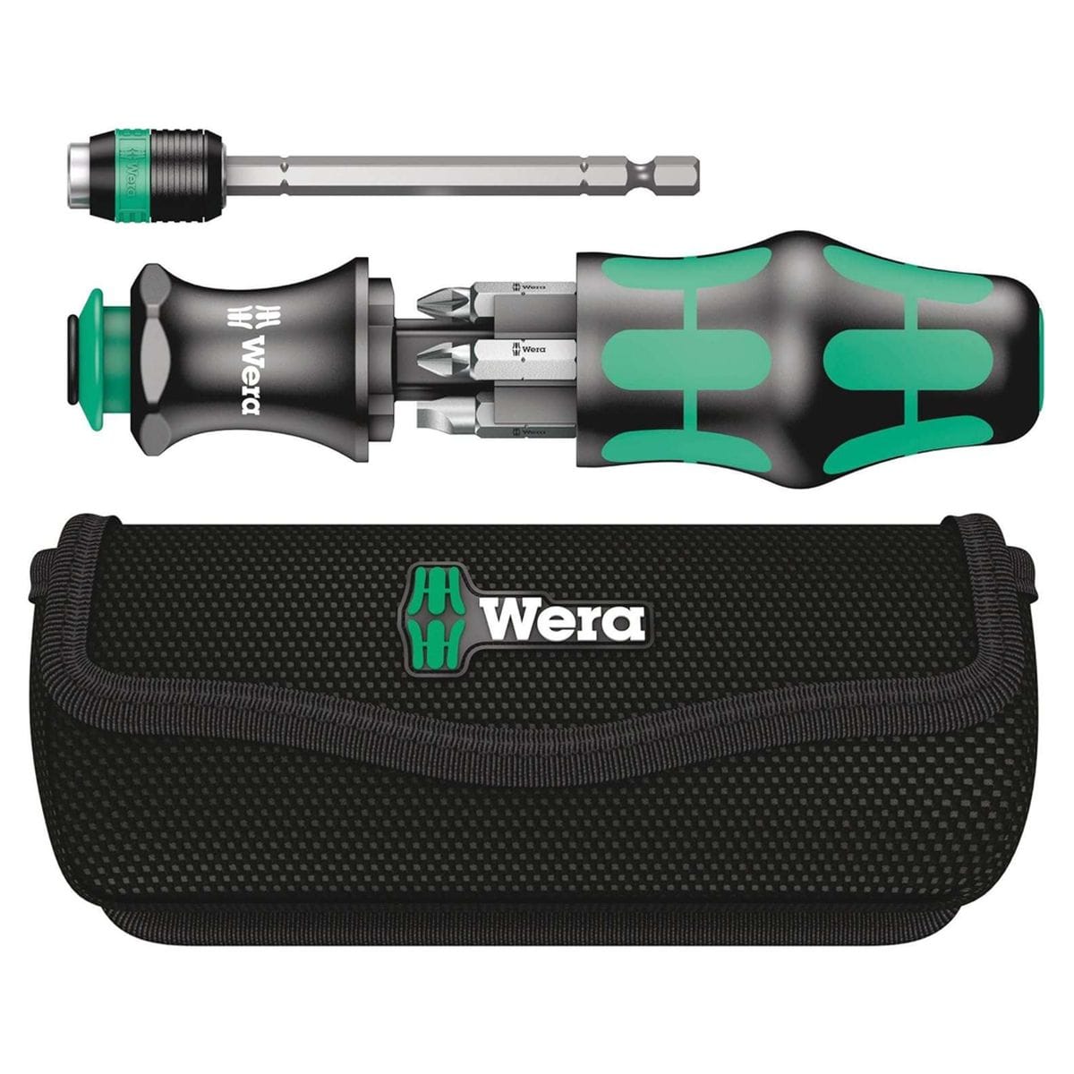 Wera Kraftform Kompakt 20 set featuring the 7-in-1 multi-bit screwdriver handle with integrated bit storage, removable bayonet blade with Rapidaptor chuck, and a durable textile belt pouch.