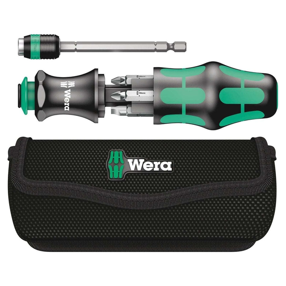 Wera Kraftform Kompakt 20 set featuring the 7-in-1 multi-bit screwdriver handle with integrated bit storage, removable bayonet blade with Rapidaptor chuck, and a durable textile belt pouch.