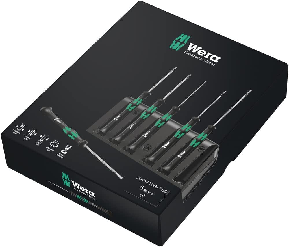Boxed Wera Kraftform Micro set with six precision screwdrivers; packaging highlights ergonomic features and anti-roll design.