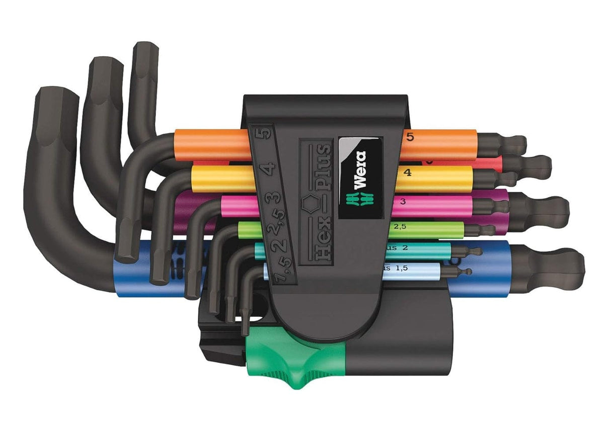 Wera Hex-Plus L-key set with ball ends and color-coded shafts; sizes 1.5 to 7 mm labeled on holder.