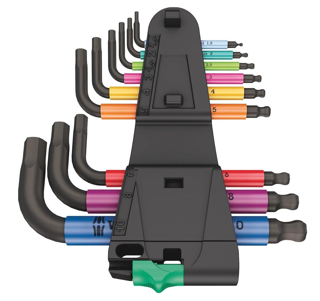 Color-coded metric hex keys in black holder labeled with sizes 1 to 10 mm; arranged in ascending order.