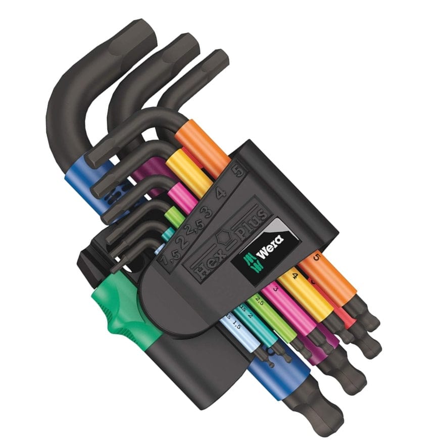 Color-coded Wera Hex-Plus L-key set in compact holder; includes ball-end hex keys sized 1.5 to 7.5 mm.