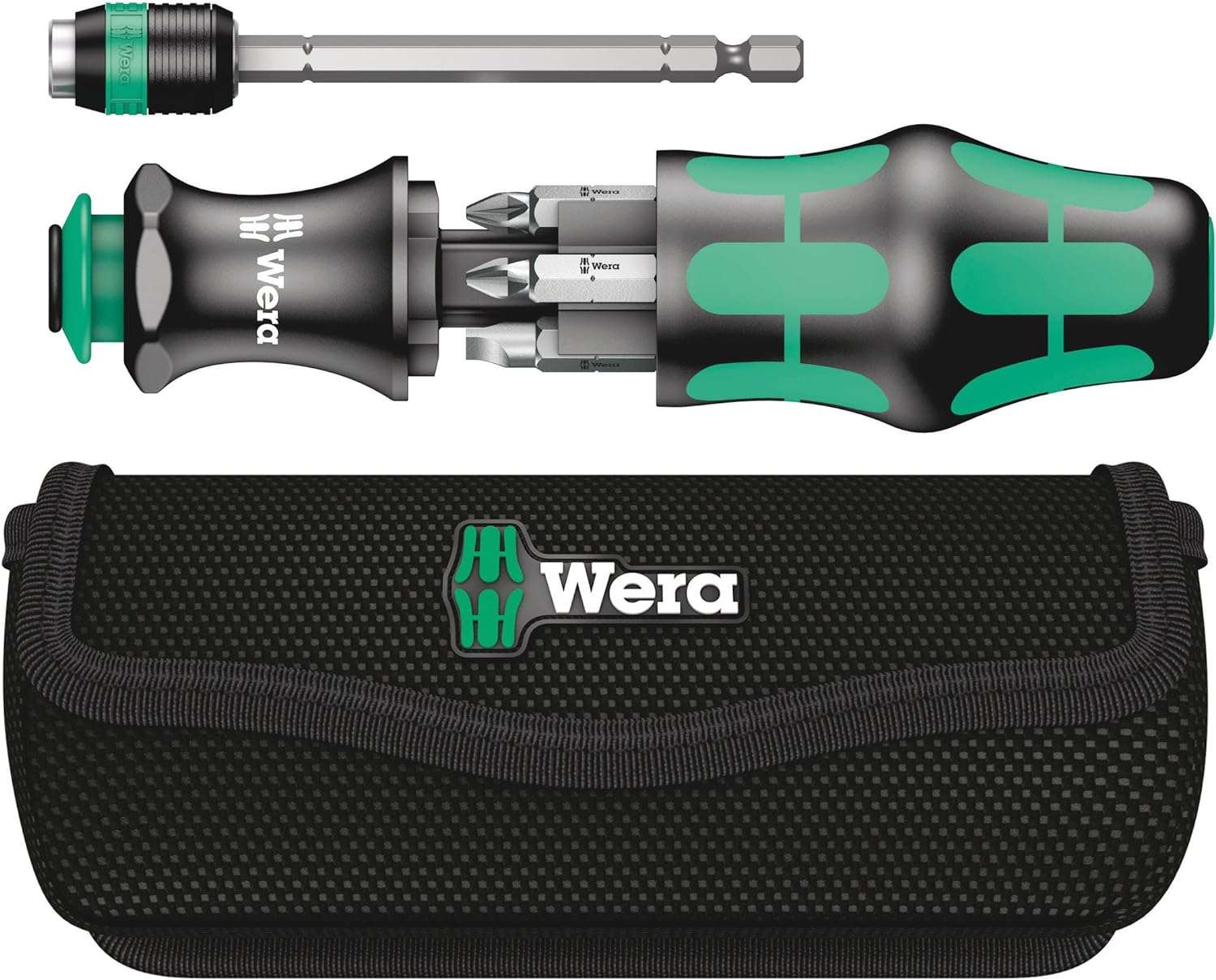 Wera Kraftform Kompakt 20 set featuring the 7-in-1 multi-bit screwdriver handle with integrated bit storage, removable bayonet blade with Rapidaptor chuck, and a durable textile belt pouch.