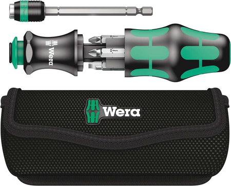 Wera Kraftform Kompakt 20 set featuring the 7-in-1 multi-bit screwdriver handle with integrated bit storage, removable bayonet blade with Rapidaptor chuck, and a durable textile belt pouch.