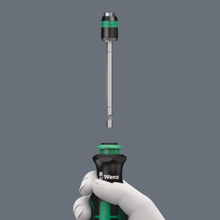 A technical graphic showing the detached 1/4 inch bayonet blade and Rapidaptor chuck aligned with the Wera Kraftform handle, demonstrating the modular design for manual and power tool use.