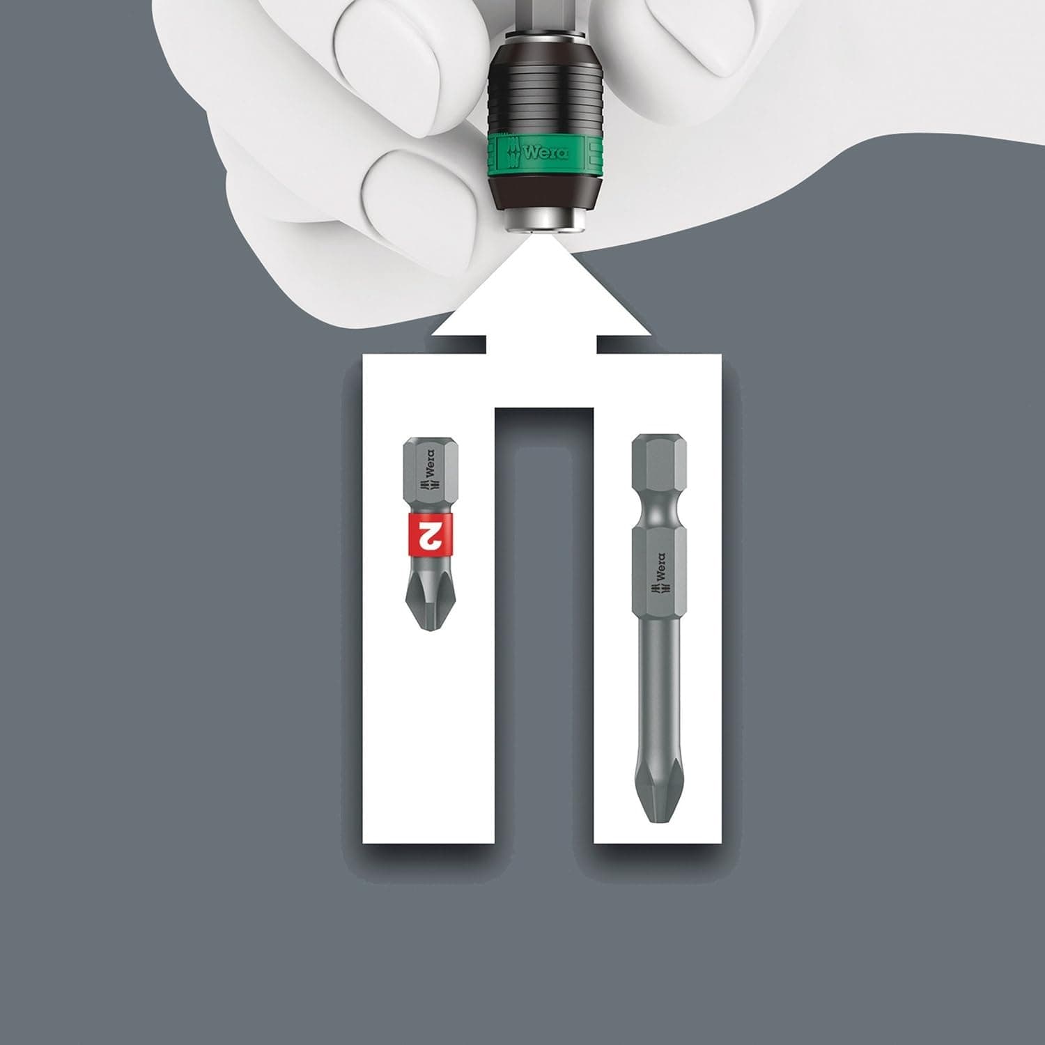 An instructional diagram illustrating the compatibility of the Wera Rapidaptor chuck with both standard C 6.3 and E 6.3 1/4 inch hexagon bits for universal application.