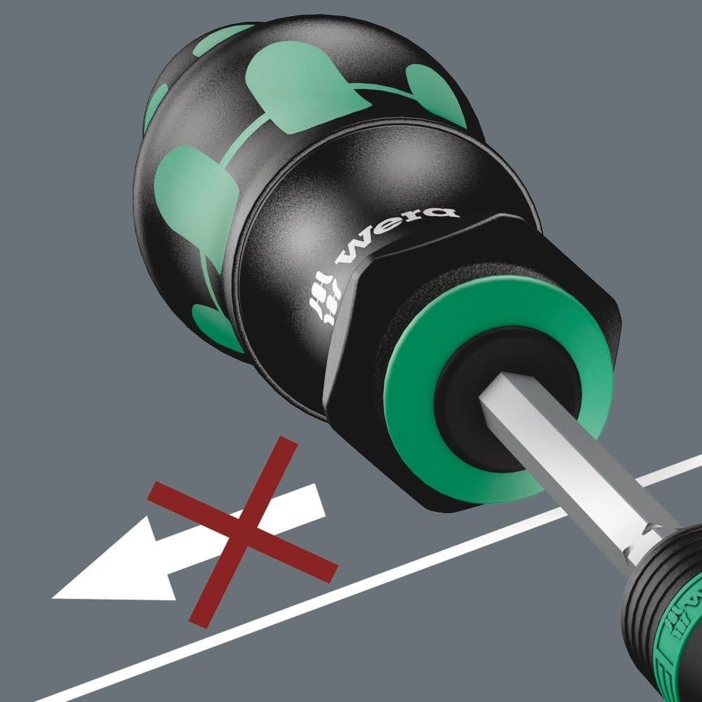 A graphic highlighting the anti-roll feature of the Wera Kraftform handle, showing how the hexagonal bolster prevents the screwdriver from rolling away on flat or slanted surfaces.