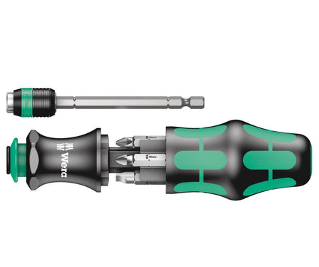 Isolated view of the Wera 05051021001 Kraftform handle showing the internal bit magazine opened to reveal six professional-grade screwdriver bits and the detachable bayonet blade.