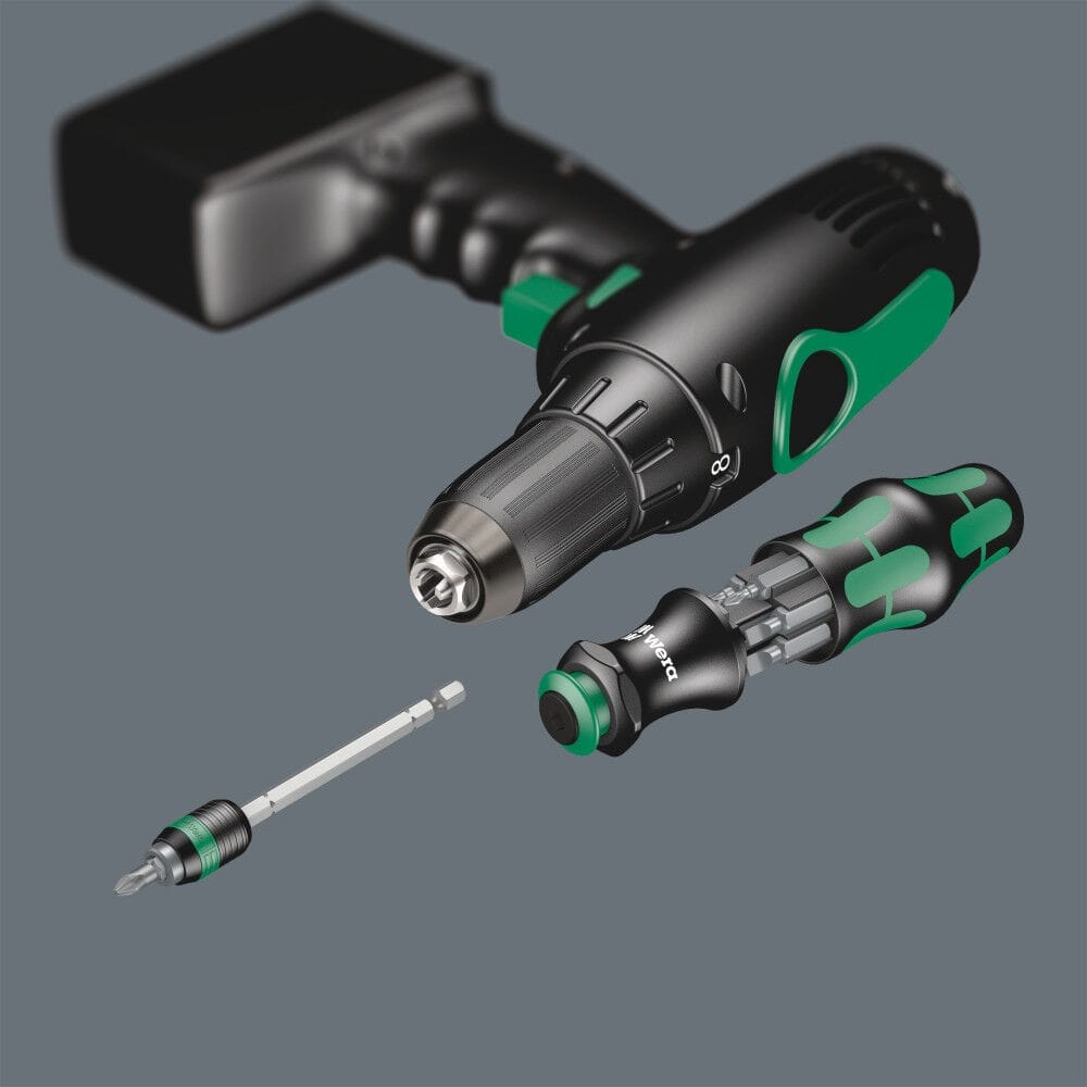 Demonstration of the Wera bayonet blade system showing the Rapidaptor bit holder being used as an extension in a cordless power drill alongside the manual Kraftform handle.