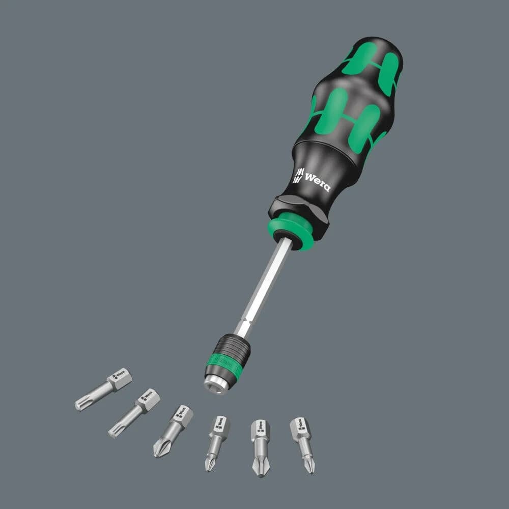 Wera Kraftform Kompakt 20 screwdriver fully assembled with the bayonet blade extended, surrounded by the six included Slotted, Phillips, and Pozidriv 1/4 inch hexagon bits.