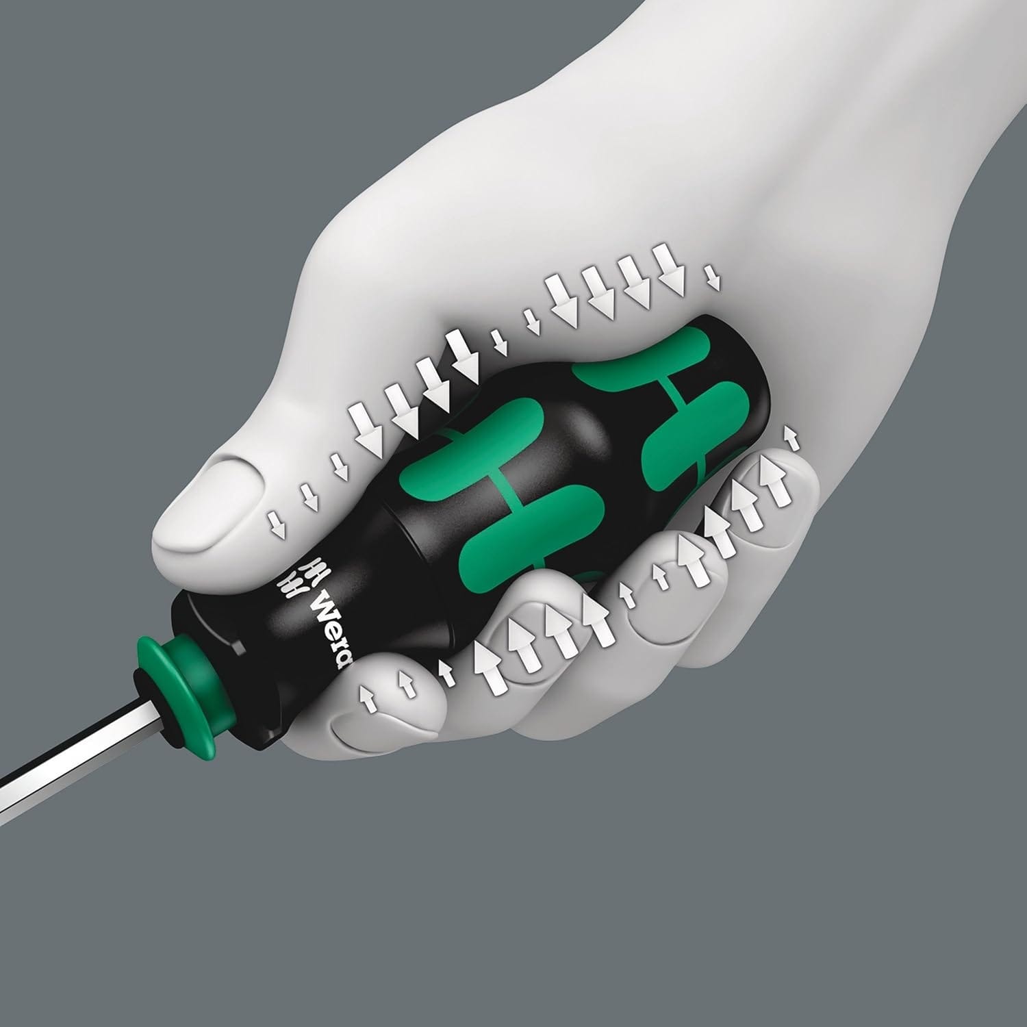 Ergonomic diagram of the Wera Kraftform handle highlighting the multi-component grip design and pressure points for maximum torque transfer and hand comfort.