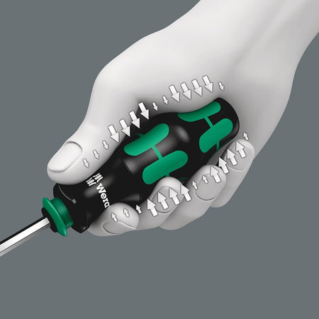 Ergonomic diagram of the Wera Kraftform handle highlighting the multi-component grip design and pressure points for maximum torque transfer and hand comfort.