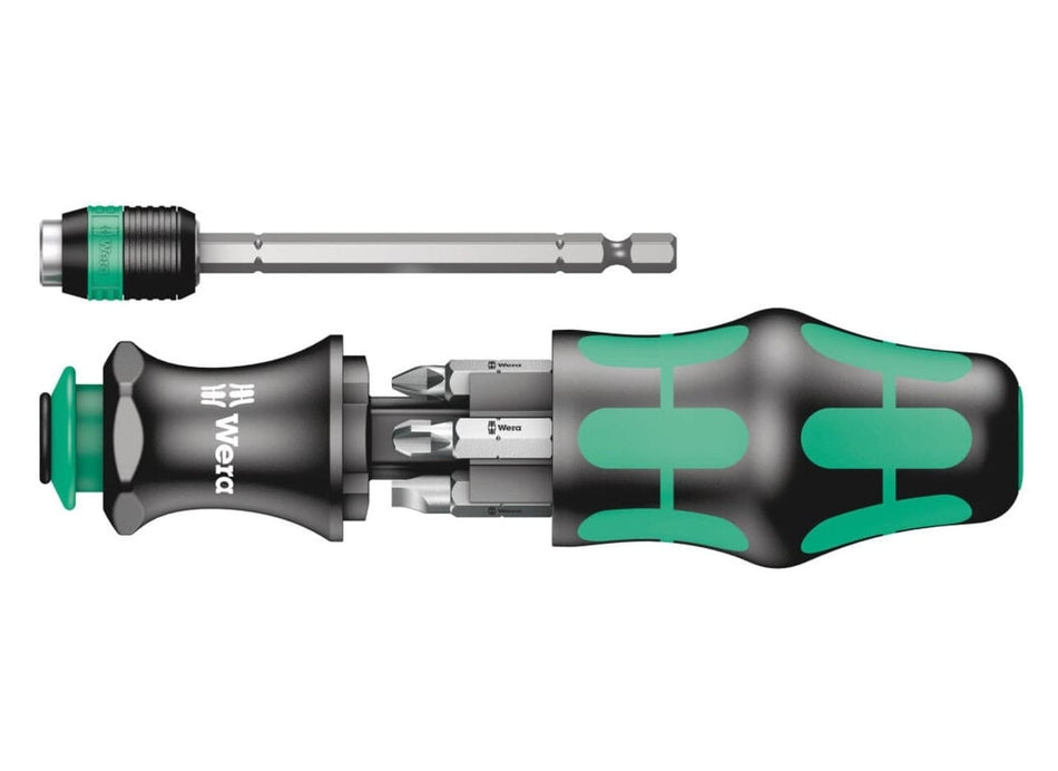 Exploded view of the Wera Tools 05051024001 Kraftform Kompakt 25 screwdriver, showing the ergonomic green and black handle, the integrated bit magazine with six bits, and the removable Rapidaptor bayonet blade