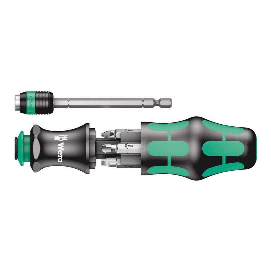 Exploded view of the Wera Tools 05051024001 Kraftform Kompakt 25 screwdriver, showing the ergonomic green and black handle, the integrated bit magazine with six bits, and the removable Rapidaptor bayonet blade