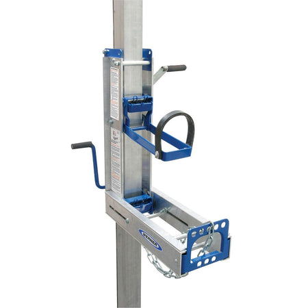 Studio view of the Werner aluminum pump jack unit featuring a silver frame with blue powder-coated crank handle, foot pedal, and safety chain mechanism.