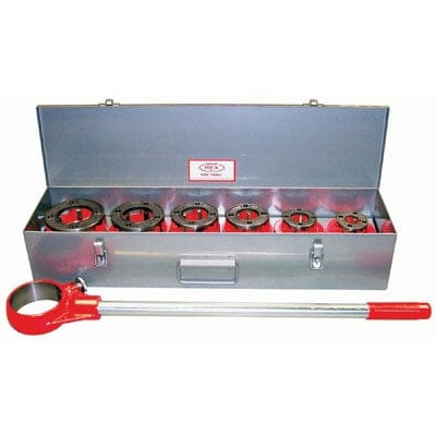 Metal pipe wrench set with tool case on a white background