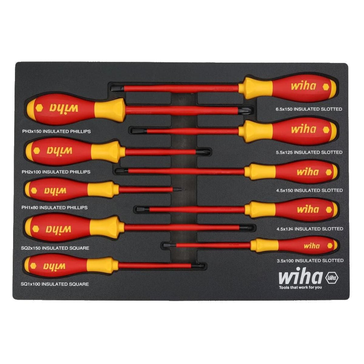 A direct overhead studio product shot of the Wiha 32080 10-Piece Insulated SoftFinish Cushion Grip Screwdriver Set neatly arranged inside a black storage foam tray against a white background, displaying the alternating red and yellow insulated handles with individual size labels printed on the tray next to each tool.