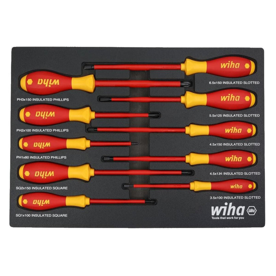 A direct overhead studio product shot of the Wiha 32080 10-Piece Insulated SoftFinish Cushion Grip Screwdriver Set neatly arranged inside a black storage foam tray against a white background, displaying the alternating red and yellow insulated handles with individual size labels printed on the tray next to each tool.