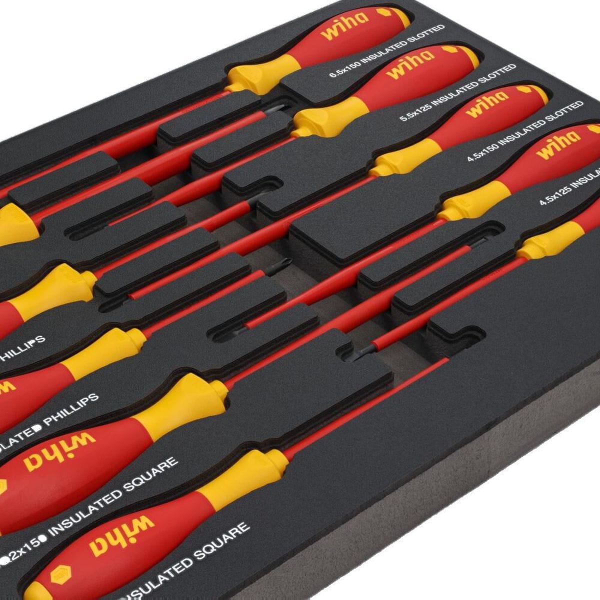 A close-up studio detail perspective shot focusing on the nested handle grips of the yellow and red Wiha 32080 insulated cushion drivers embedded in their protective black storage tray, showcasing the clean size labels printed on the handle ends.